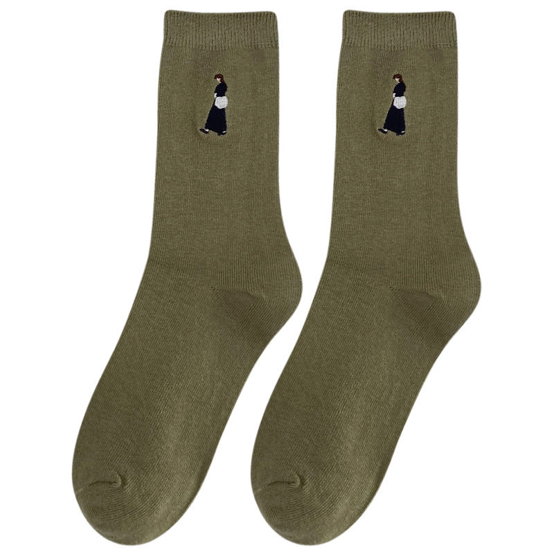 Cartoon Embroidered Double-needle Cotton Socks