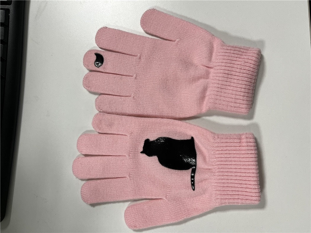 Cat and Bird Print Knitted Gloves