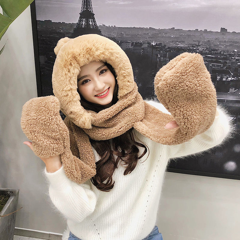 Double Layer Hat Women Lamb Woolen Hat Scarf Gloves Three-piece One