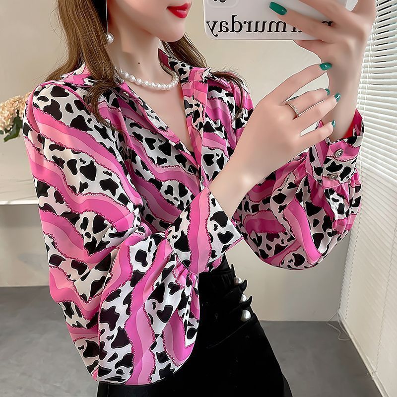 New Loose Lantern Sleeve Chiffon Printed Shirt For Women