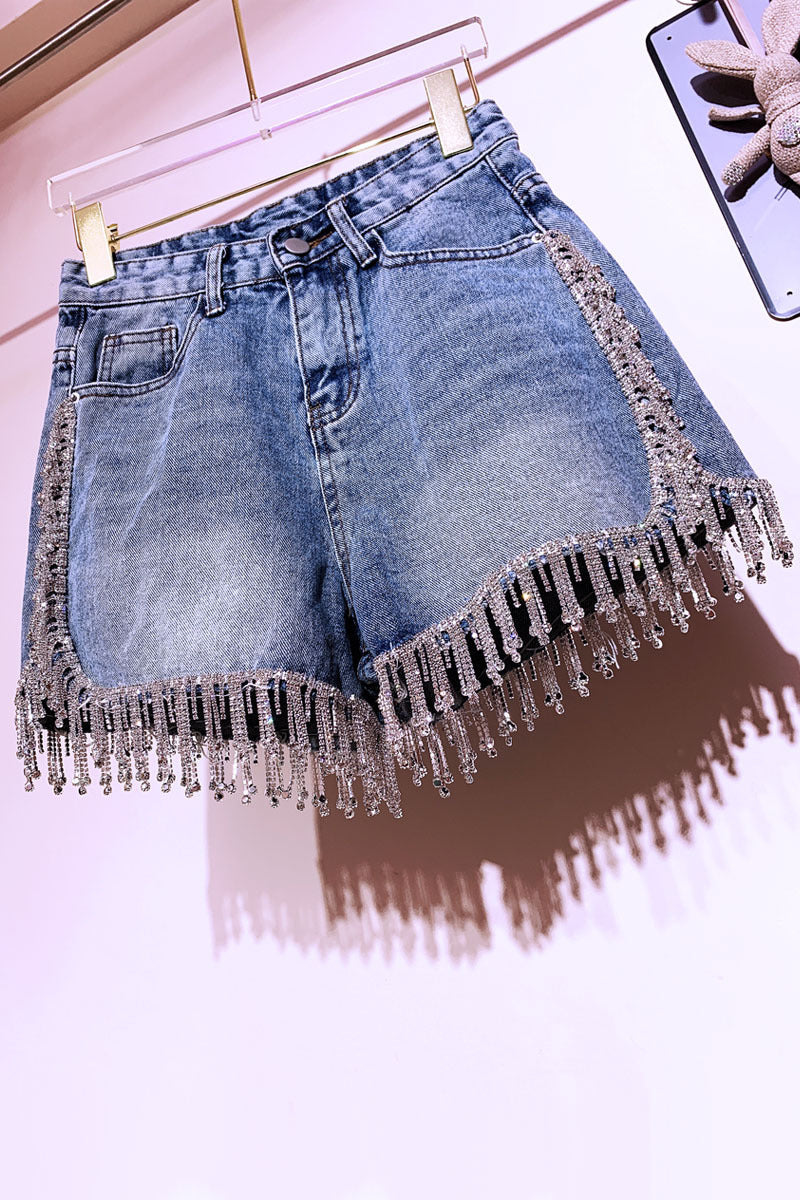 Rhinestone tassel high waist denim