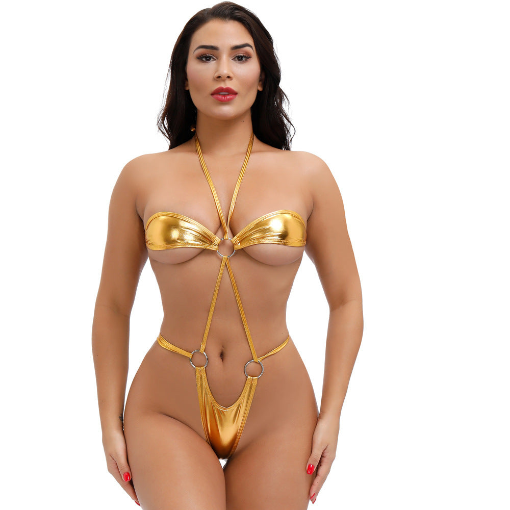 Seaside Imitation Leather Three-Point Bikini Bra T-Shirt Tie Suit Size Women