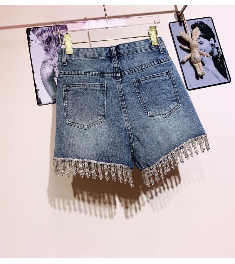 Rhinestone tassel high waist denim