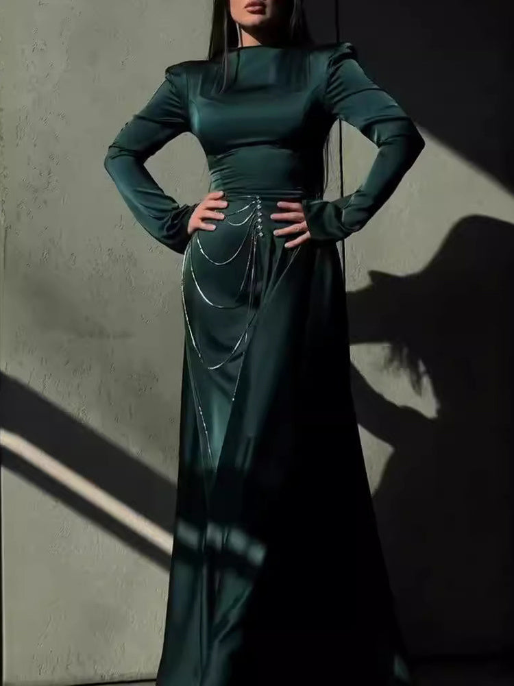 Satin Studded Long-sleeve Maxi Dress