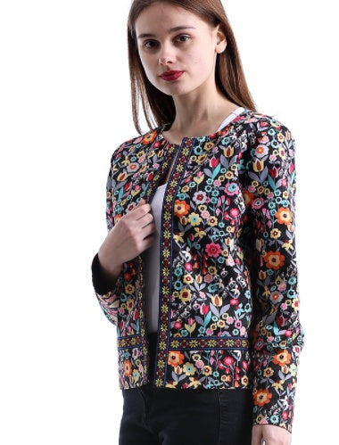 Floral round neck coat baseball uniform tops women