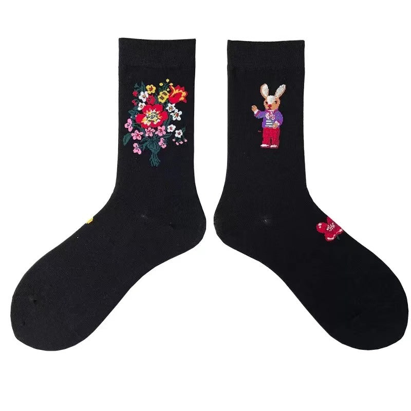 Socks Female Asymmetrical AB Cartoon Cute Plaid In The Tube Spring Men's Socks