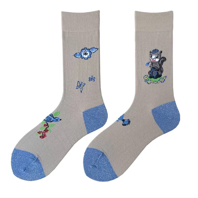 Socks Female Asymmetrical AB Cartoon Cute Plaid In The Tube Spring Men's Socks