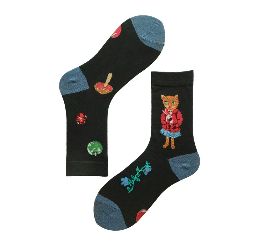 Socks Female Asymmetrical AB Cartoon Cute Plaid In The Tube Spring Men's Socks