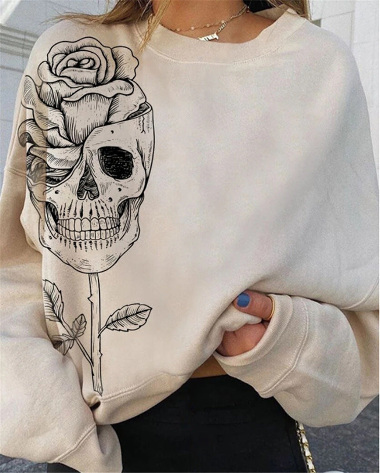 Skull Print Round Neck Long Sleeve Pullover