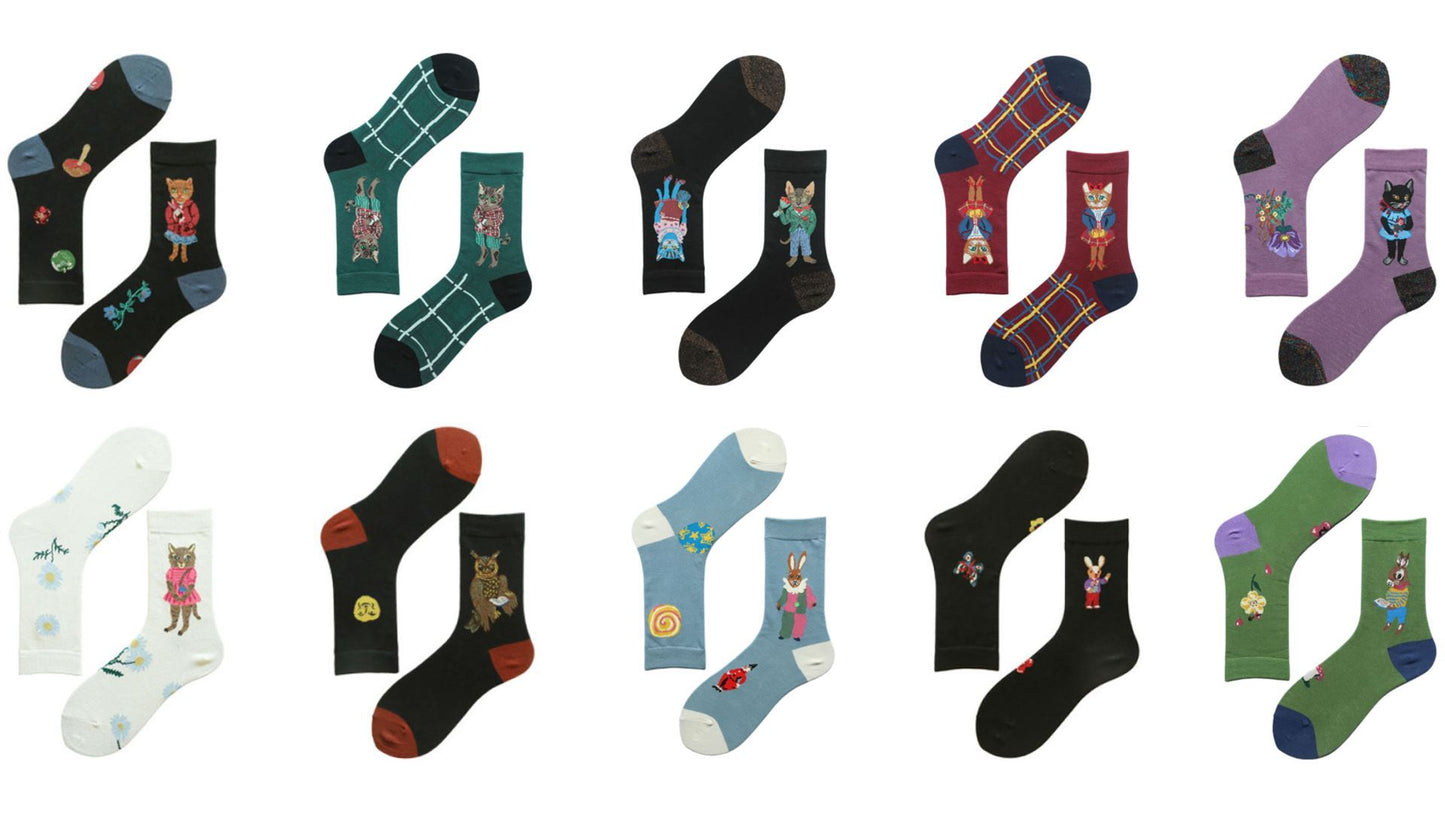 Socks Female Asymmetrical AB Cartoon Cute Plaid In The Tube Spring Men's Socks