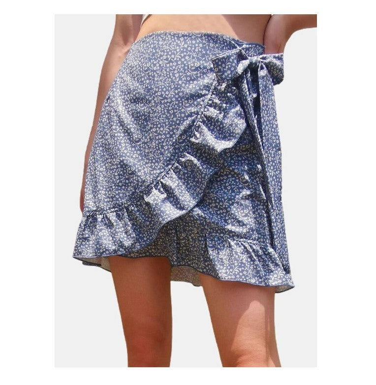 Women's High Waist Lace Up Short Skirt Ruffled Irregular Print Zipper Skirt