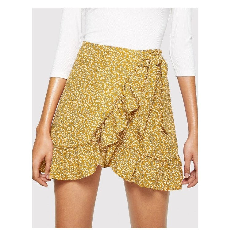 Women's High Waist Lace Up Short Skirt Ruffled Irregular Print Zipper Skirt