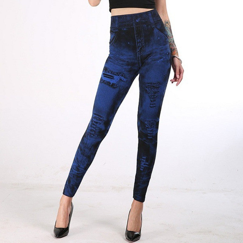 Women's Seamless Fake Ripped Corset Imitation Denim Leggings