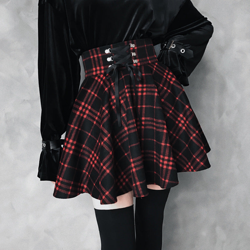 Spring, Autumn And Winter Wide-Waisted Red Plaid Girl Dark Black Skirt Female Woolen High-Waisted Tutu Skirt Ins Wild Tide