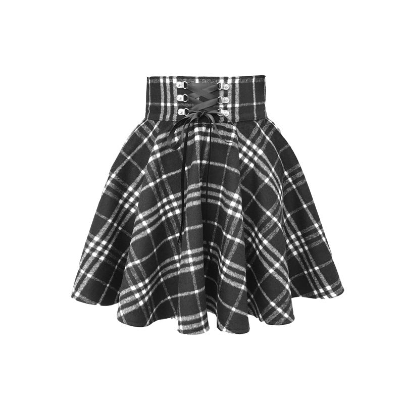 Spring, Autumn And Winter Wide-Waisted Red Plaid Girl Dark Black Skirt Female Woolen High-Waisted Tutu Skirt Ins Wild Tide