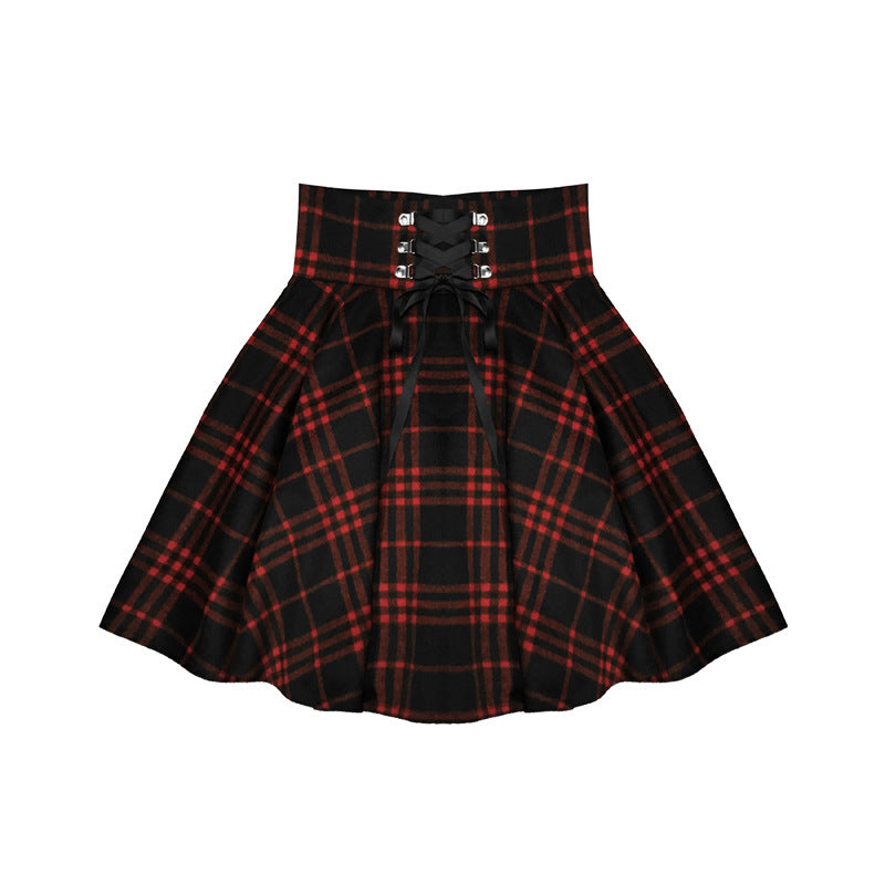 Spring, Autumn And Winter Wide-Waisted Red Plaid Girl Dark Black Skirt Female Woolen High-Waisted Tutu Skirt Ins Wild Tide