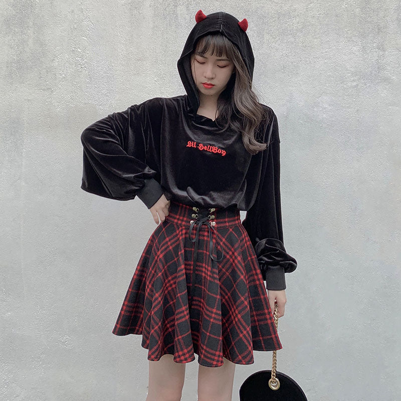 Spring, Autumn And Winter Wide-Waisted Red Plaid Girl Dark Black Skirt Female Woolen High-Waisted Tutu Skirt Ins Wild Tide