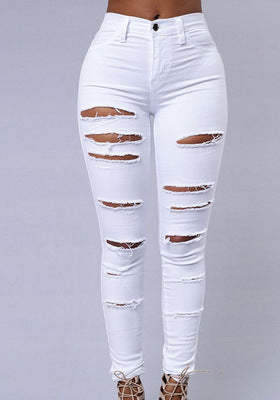 High Quality Women Casual Hole Jeans High Waist Skinny Pant Pencil Jeans Ripped Sexy Female Girls Trousers Denim Jeans