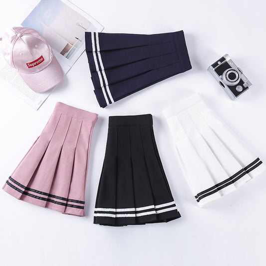 Half-Length Striped Elastic Waist Short Skirt Navy Style