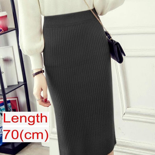 Women Office Skirt Spring Warm Knitted Pencil Skirts Ladies