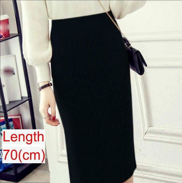 Women Office Skirt Spring Warm Knitted Pencil Skirts Ladies