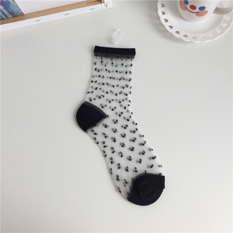 Transparent Glass Stockings Crystal Socks Polka Dot Check Striped Short Socks