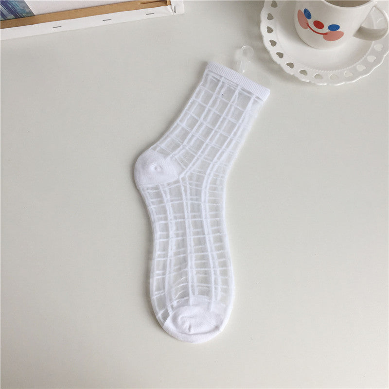 Transparent Glass Stockings Crystal Socks Polka Dot Check Striped Short Socks