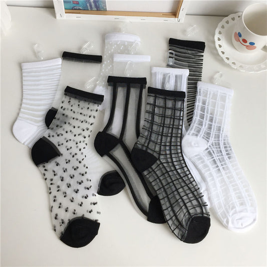 Transparent Glass Stockings Crystal Socks Polka Dot Check Striped Short Socks