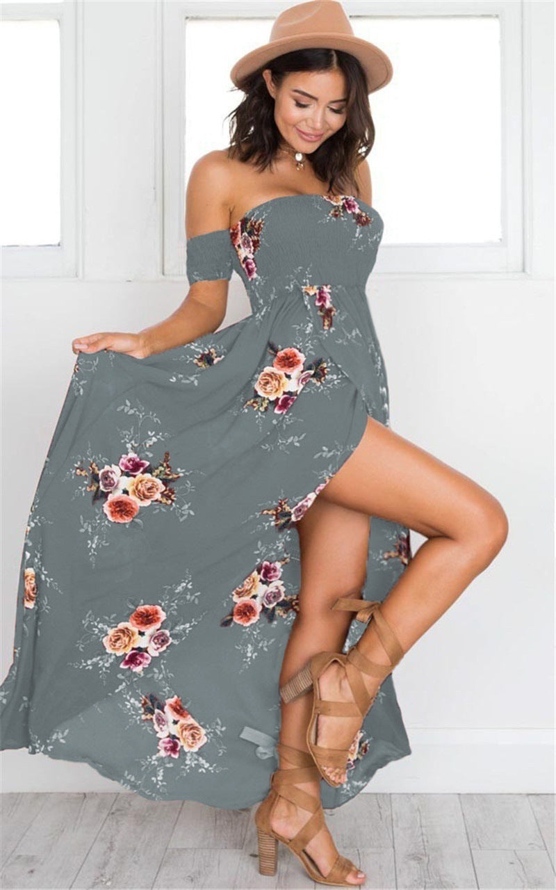 One-shoulder Tube Top Chiffon Printed Split Dress High Quality Spot