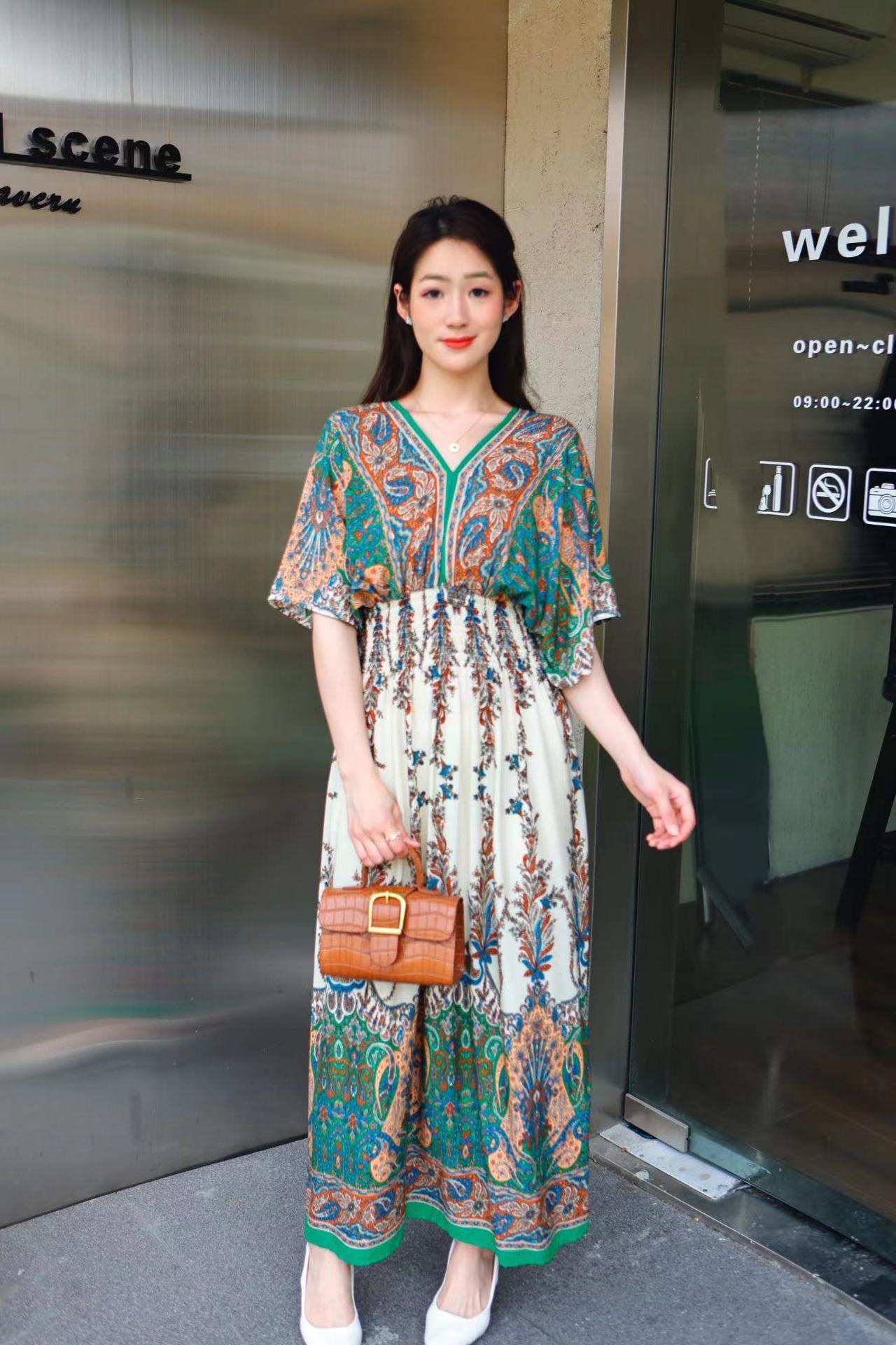 Ethnic Style Cotton Printed V-neck Short Sleeve Dress