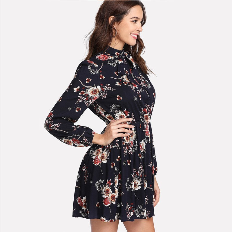 Autumn Floral Women Dresses Multicolor Elegant Long Sleeve High Waist A Line Chic Dress Ladies Tie Neck Dress