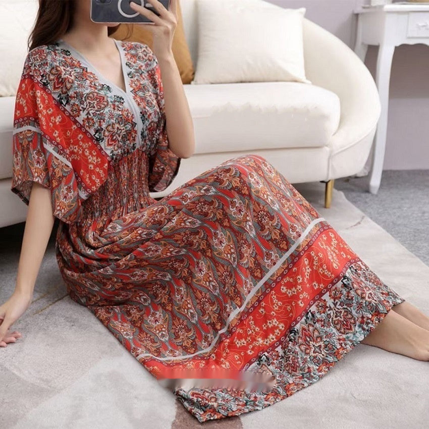 Ethnic Style Cotton Printed V-neck Short Sleeve Dress