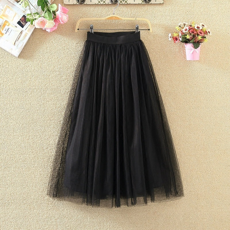 Yarn Skirt Half-length Skirt Female High Waist Mid-length A-line Skirt Mesh Skirt