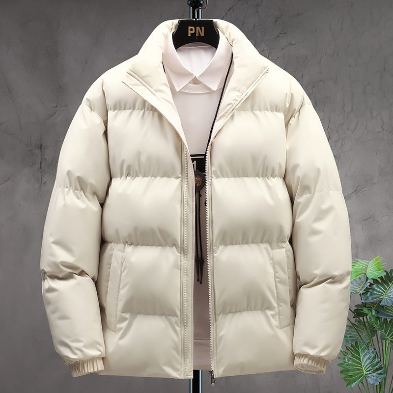 Winter Stand-collar Cotton Coat Couple Casual Warm Plus Velvet Thicken Solid Color Jacket For Men's Clothing