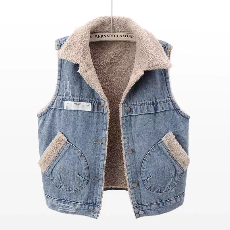 Lamb Wool Denim Cotton-padded Waistcoat Women