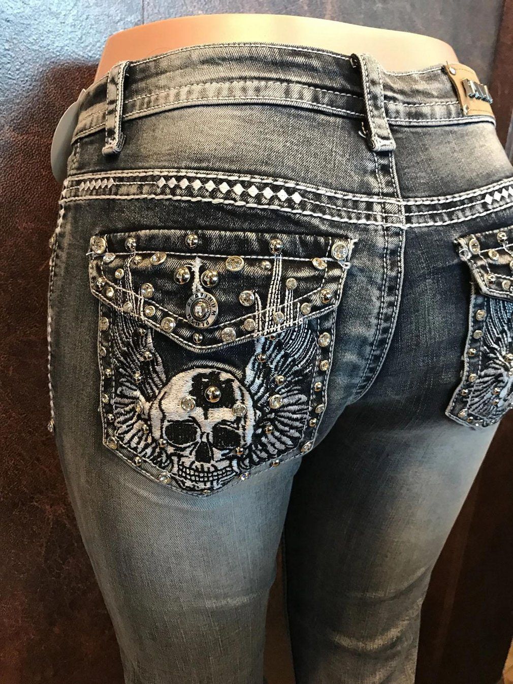 European And American Hot Pants New Retro Embroidered Skull Hot Rhinestone Elastic Slim Fit Slimming Skinny Denim Trousers