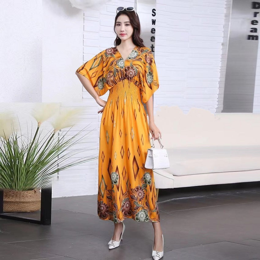 Ethnic Style Cotton Printed V-neck Short Sleeve Dress