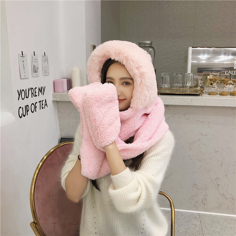 Double Layer Hat Women Lamb Woolen Hat Scarf Gloves Three-piece One