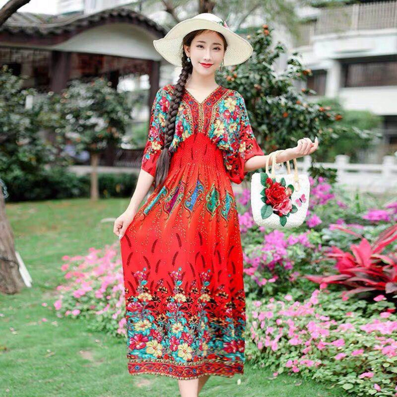 Ethnic Style Cotton Printed V-neck Short Sleeve Dress