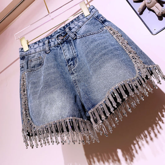 Rhinestone tassel high waist denim