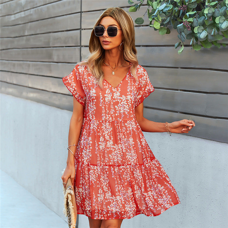 Women Ruffle Loose Short Dress Summer Chiffon Dress