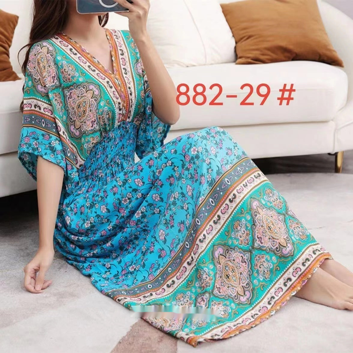 Ethnic Style Cotton Printed V-neck Short Sleeve Dress