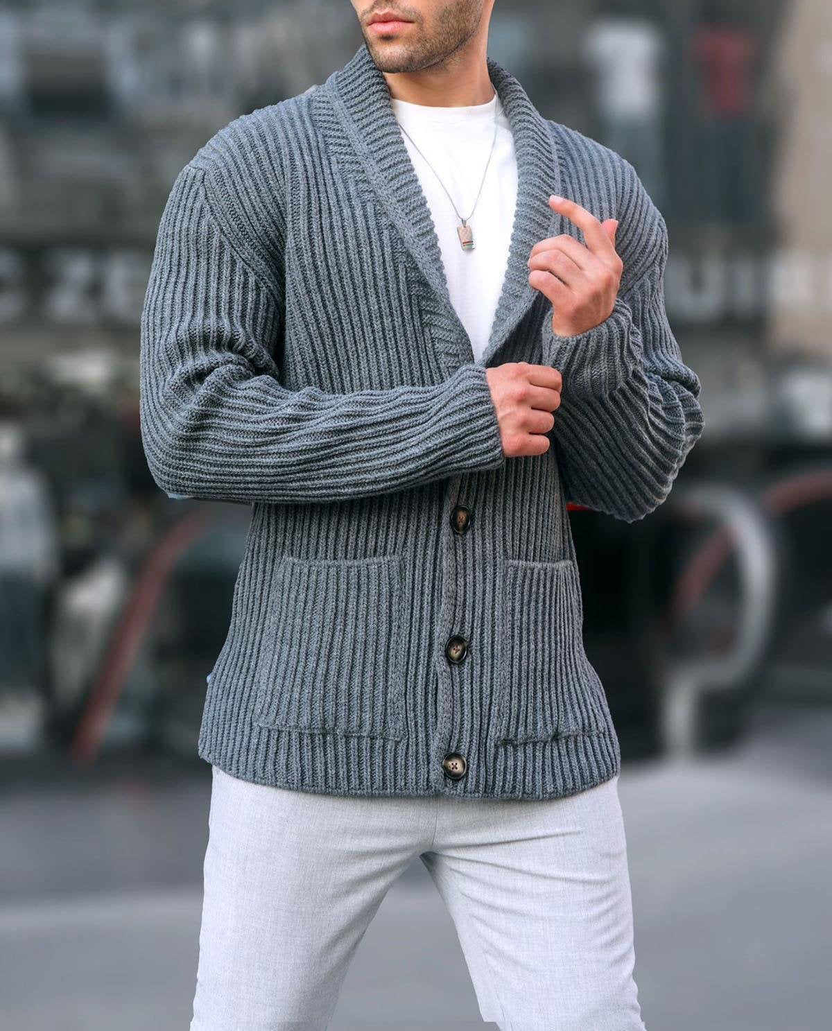 Single-breasted Long Sleeve Lapel Sweater Men's Clothing