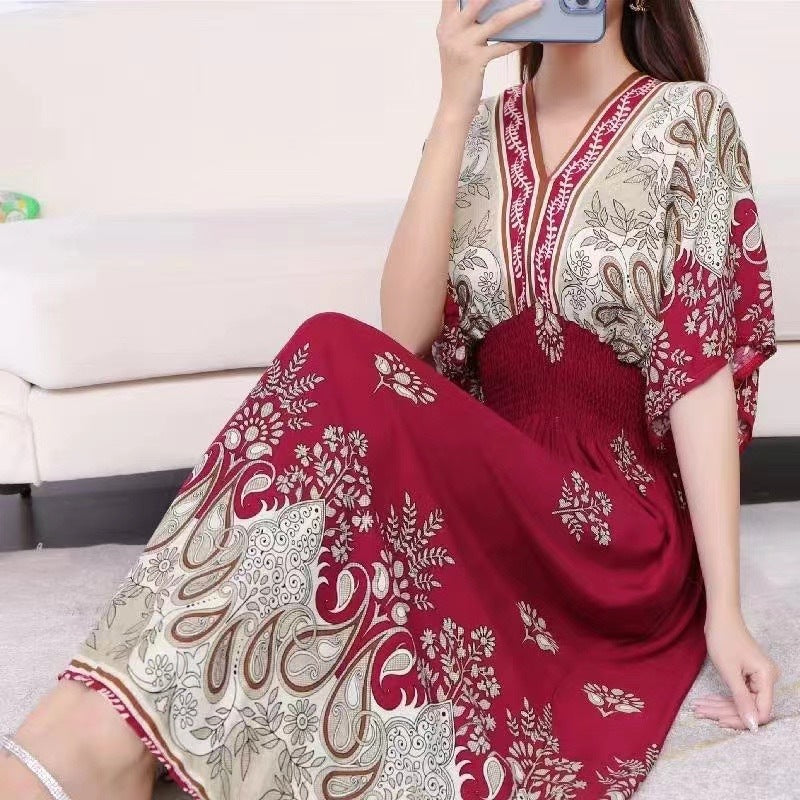 Ethnic Style Cotton Printed V-neck Short Sleeve Dress