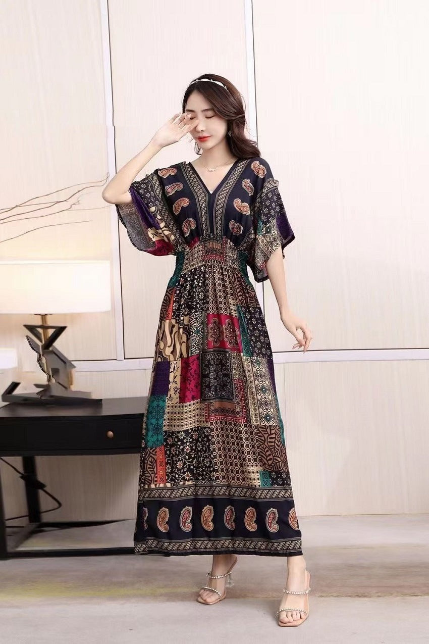 Ethnic Style Cotton Printed V-neck Short Sleeve Dress