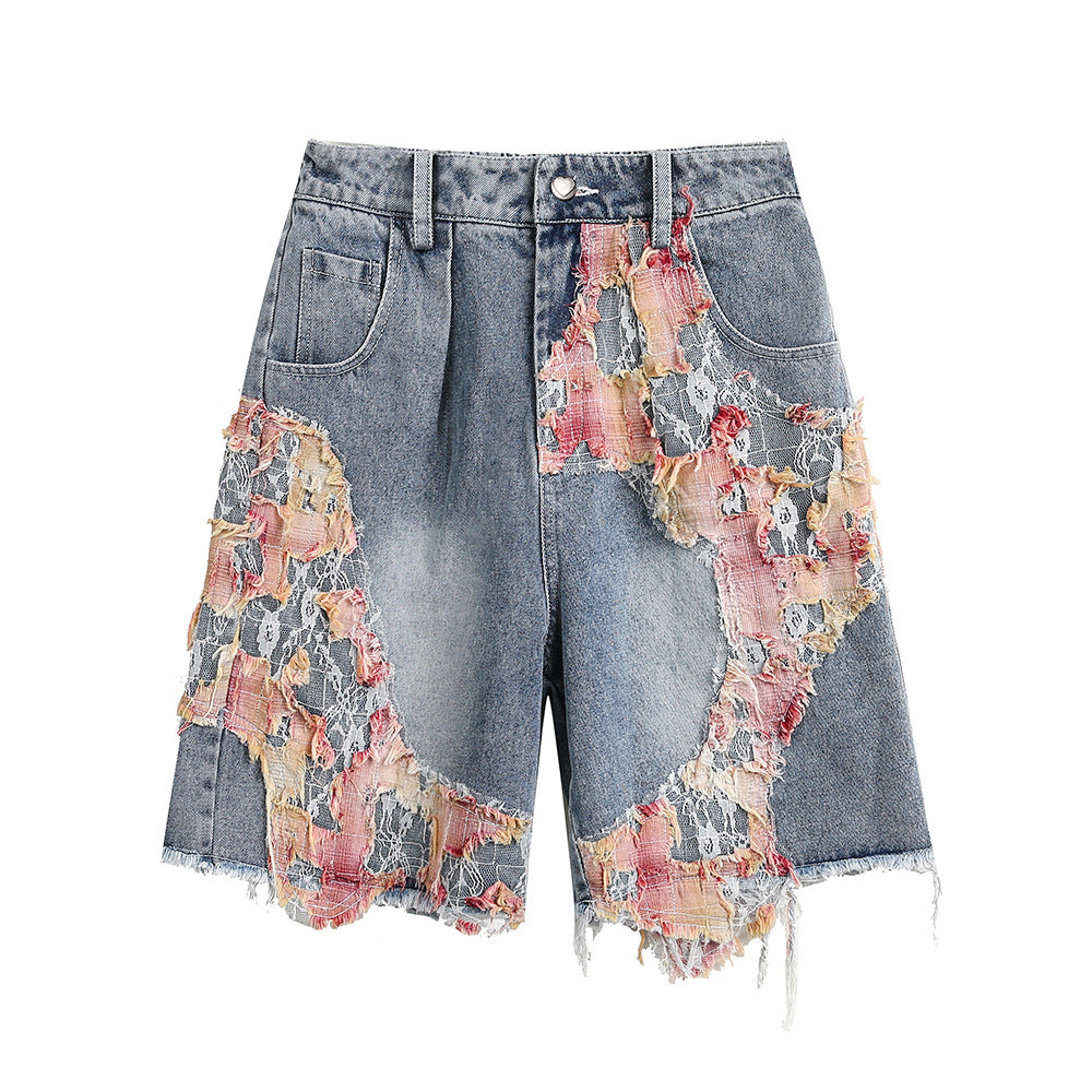 Color Contrast Patchwork Lace Washed Denim Shorts Men's Clothing