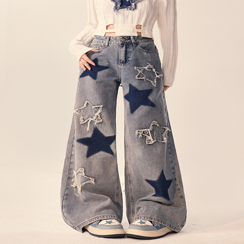 National Fashion XINGX Embroidery Washed Worn Jeans Men And Women Straight-leg Trousers