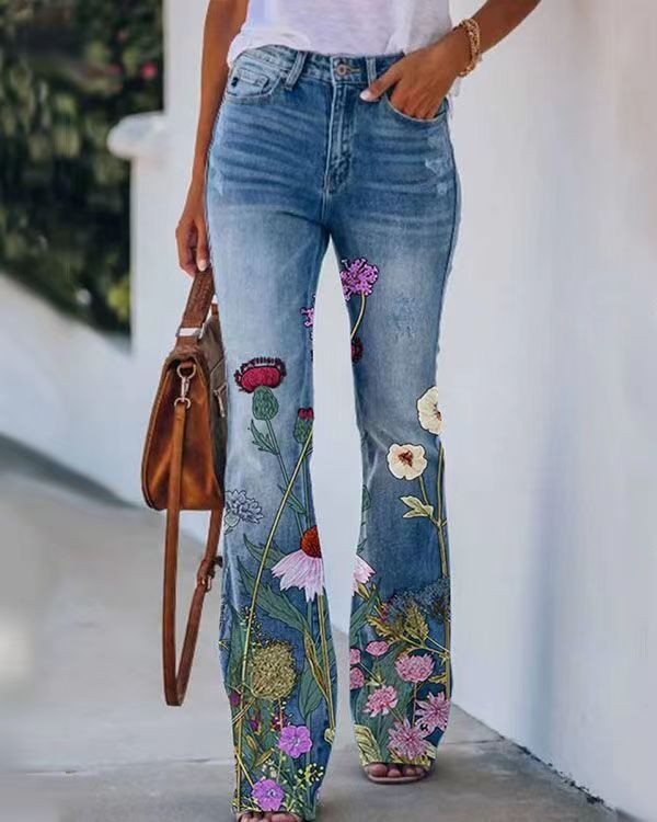 Printed Thin Jeans Large Size Women's Casual Pants