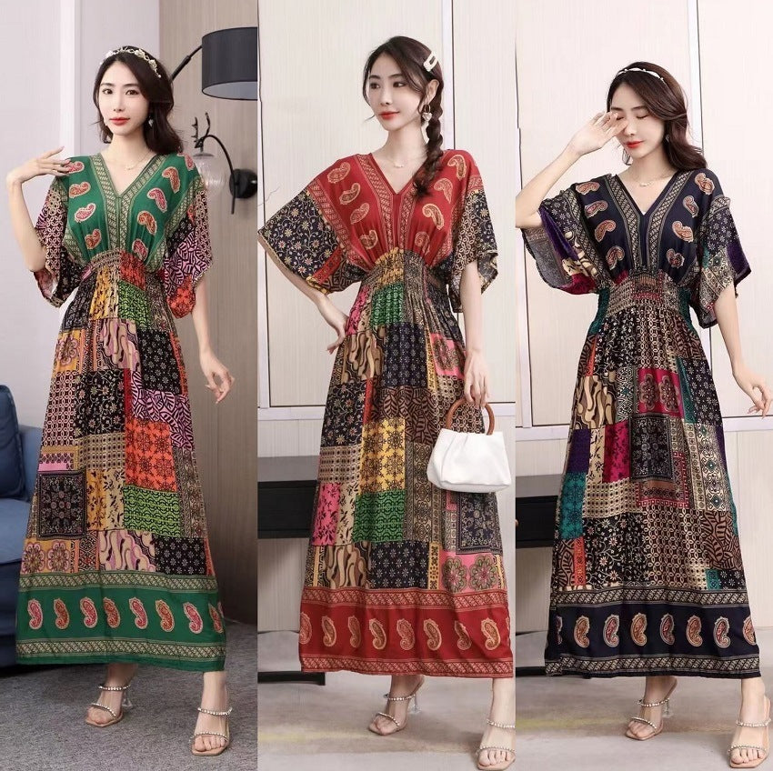 Ethnic Style Cotton Printed V-neck Short Sleeve Dress