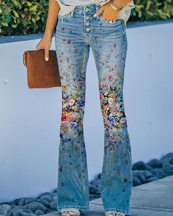 Printed Thin Jeans Large Size Women's Casual Pants